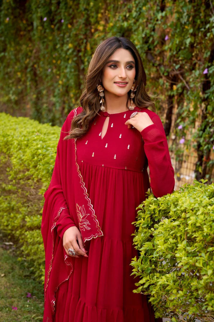 Red Hand Embroidery Anarkali Suit Set