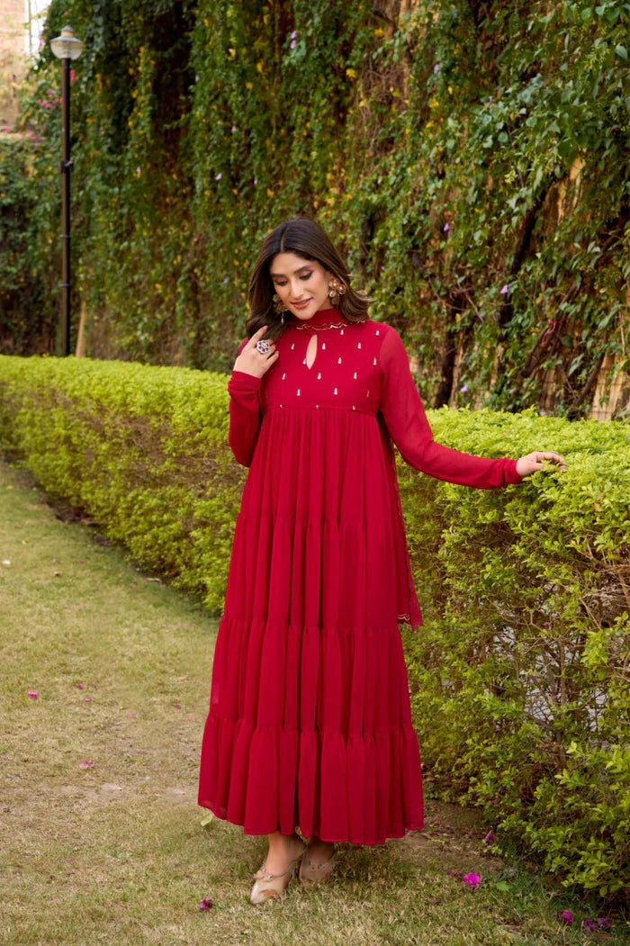 Red Hand Embroidery Anarkali Suit Set