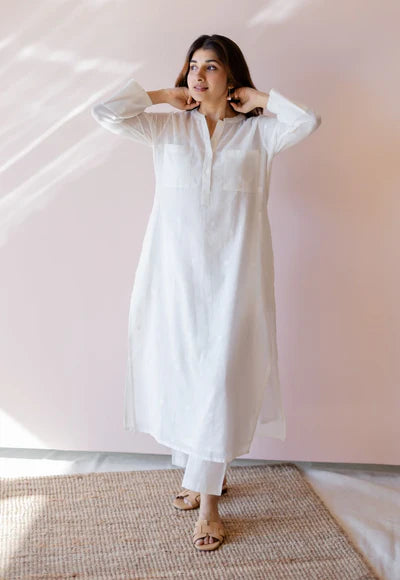 Noor Classic White Cotton Long Kurta