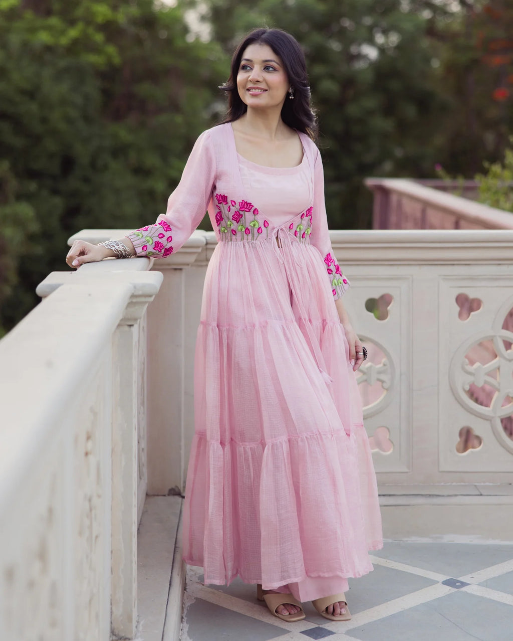 Flowy Pink Embroidered Doria Anarkali Set