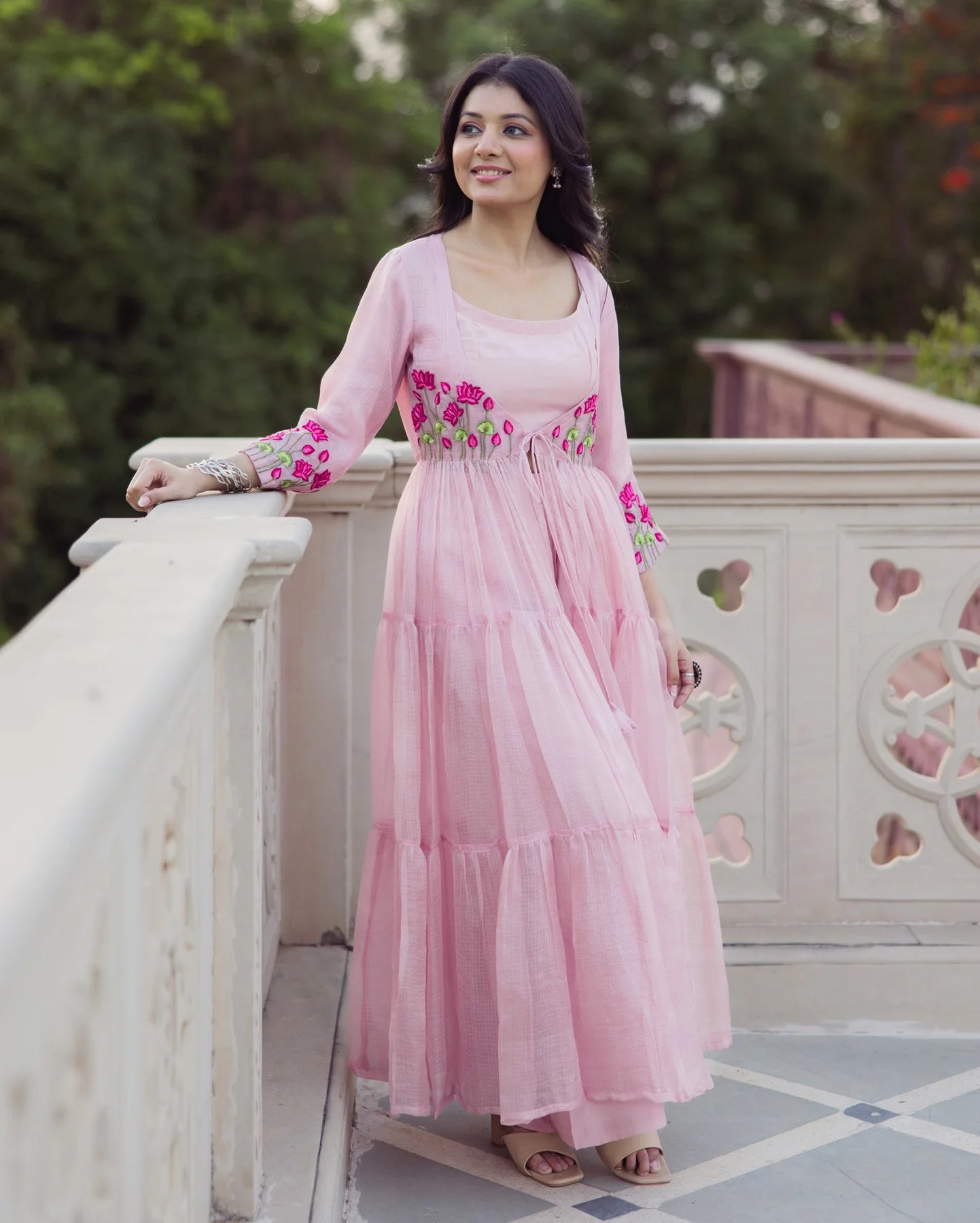 Flowy Pink Embroidered Doria Anarkali Set