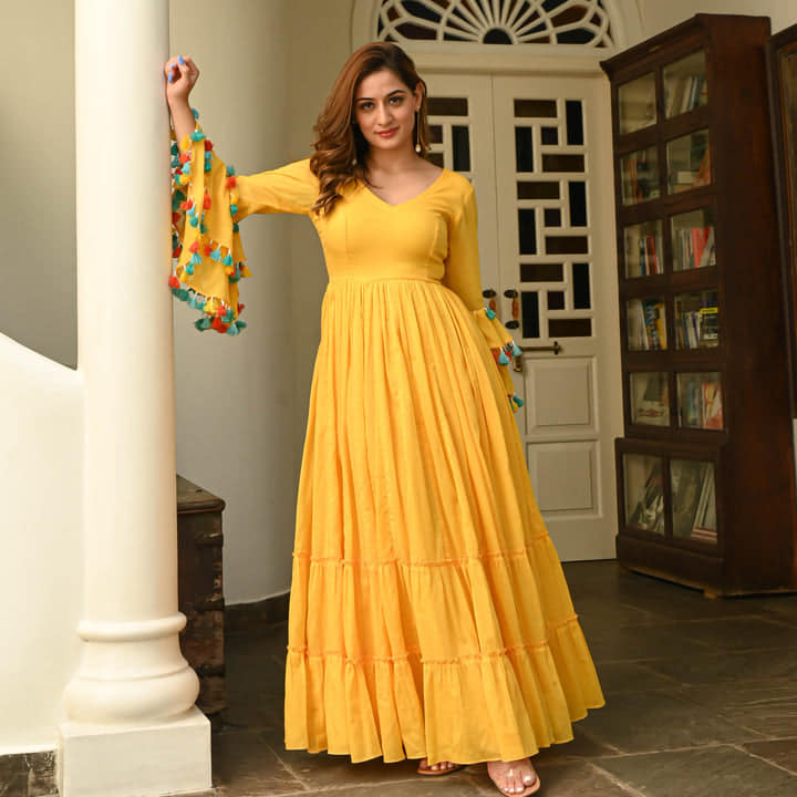 Boshon Yellow Tier Cotton Gown