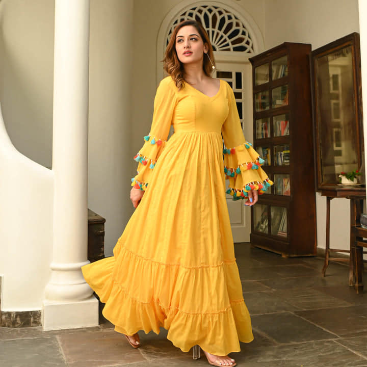Boshon Yellow Tier Cotton Gown
