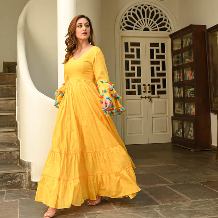 Boshon Yellow Tier Cotton Gown