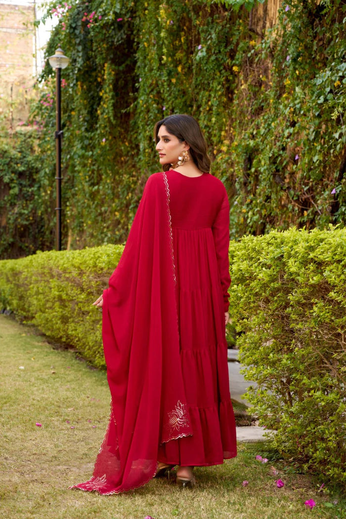 Red Hand Embroidery Anarkali Suit Set