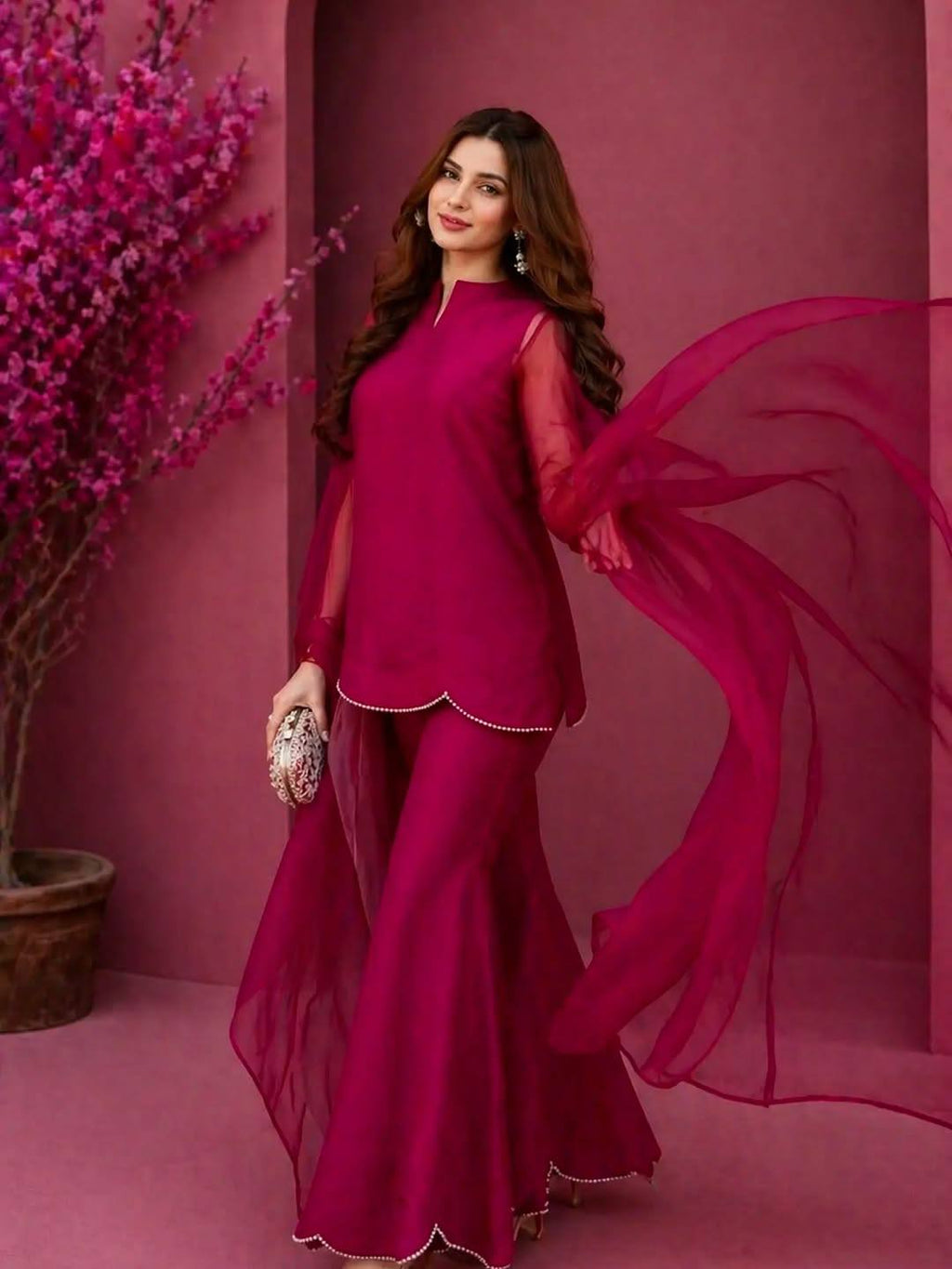 Pink Solid Kurta, Palazzo & Dupatta Set