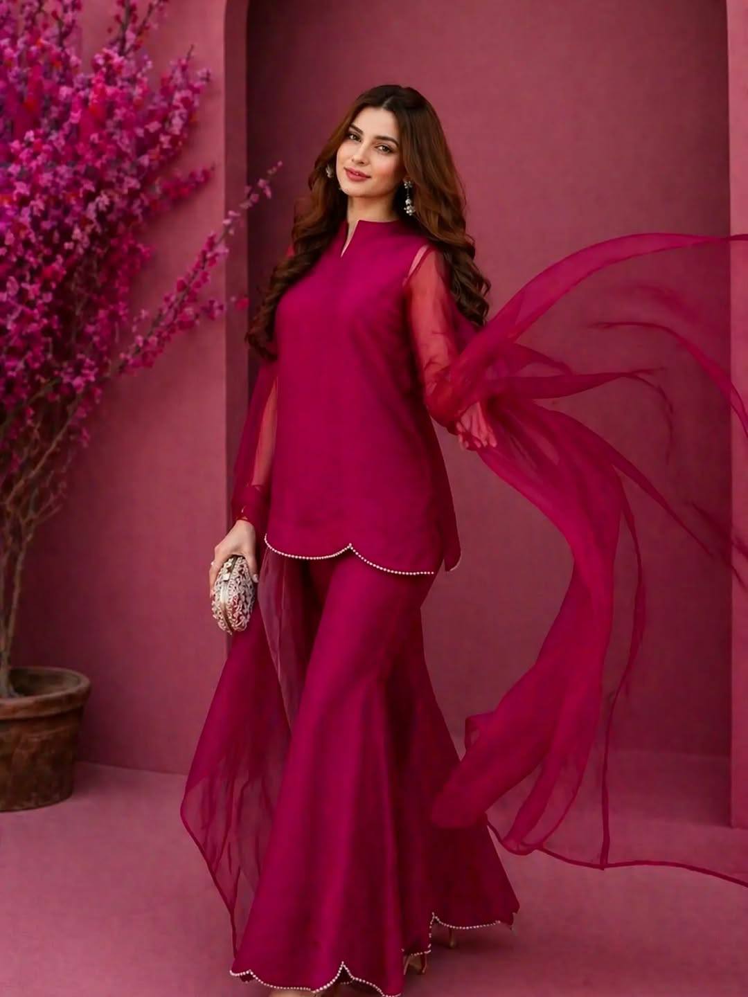 Pink Solid Kurta, Palazzo & Dupatta Set