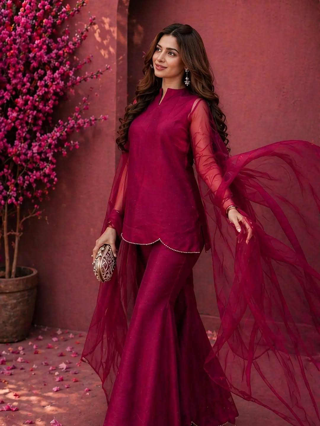 Pink Solid Kurta, Palazzo & Dupatta Set