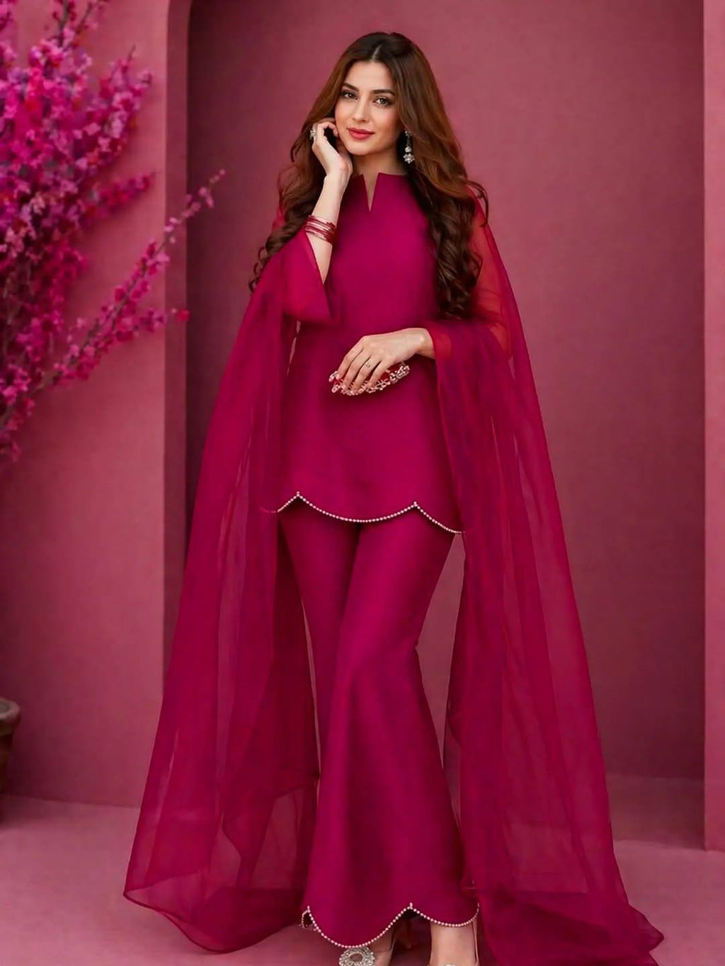 Pink Solid Kurta, Palazzo & Dupatta Set