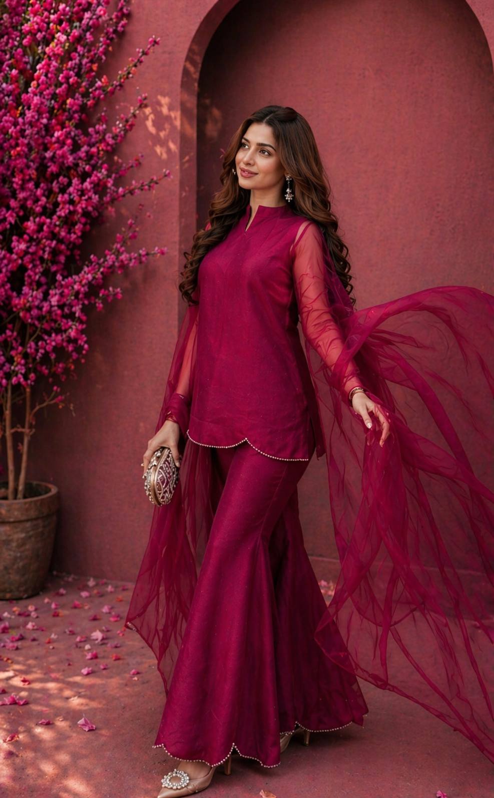 Pink Solid Kurta, Palazzo & Dupatta Set