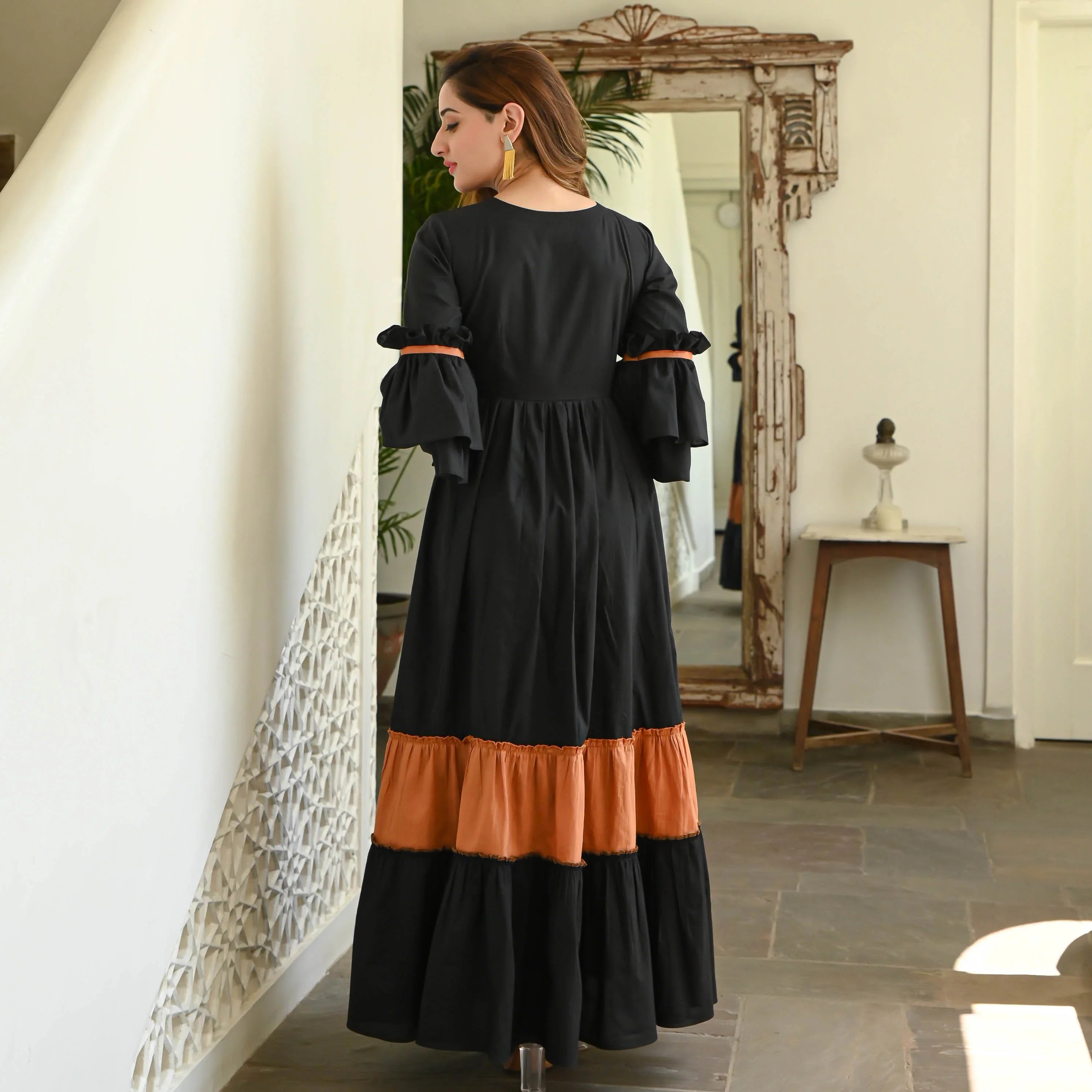 Boshon Black Rust Tier Cotton Dress