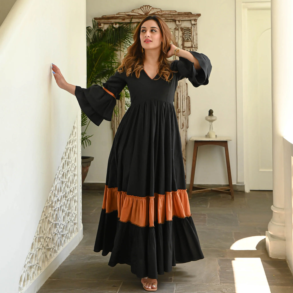 Boshon Black Rust Tier Cotton Dress