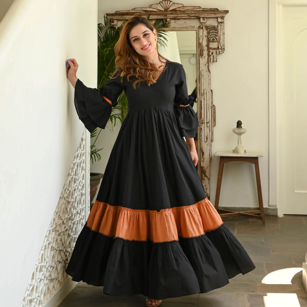 Boshon Black Rust Tier Cotton Dress