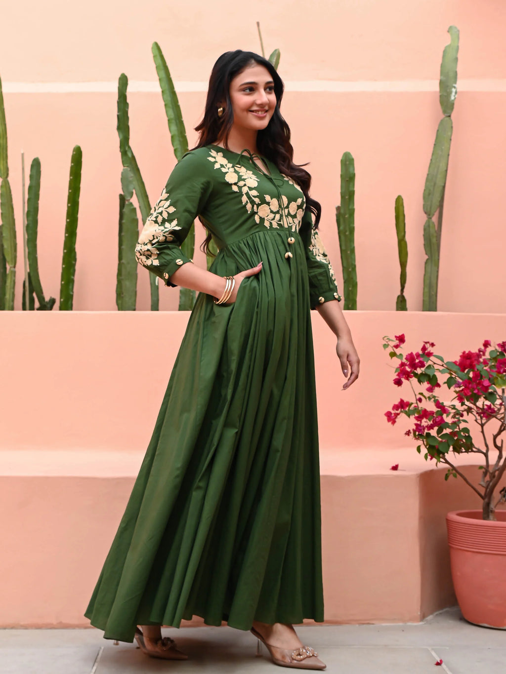 Boshon Embroidery Dark Green Cotton Dress