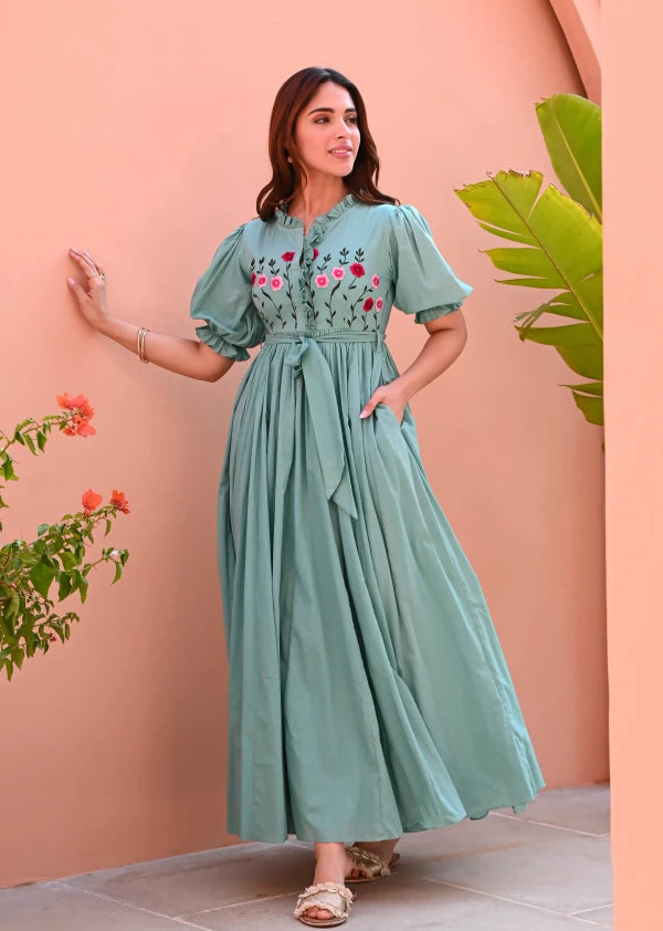 Boshon Mint Embroidered Cotton Dress