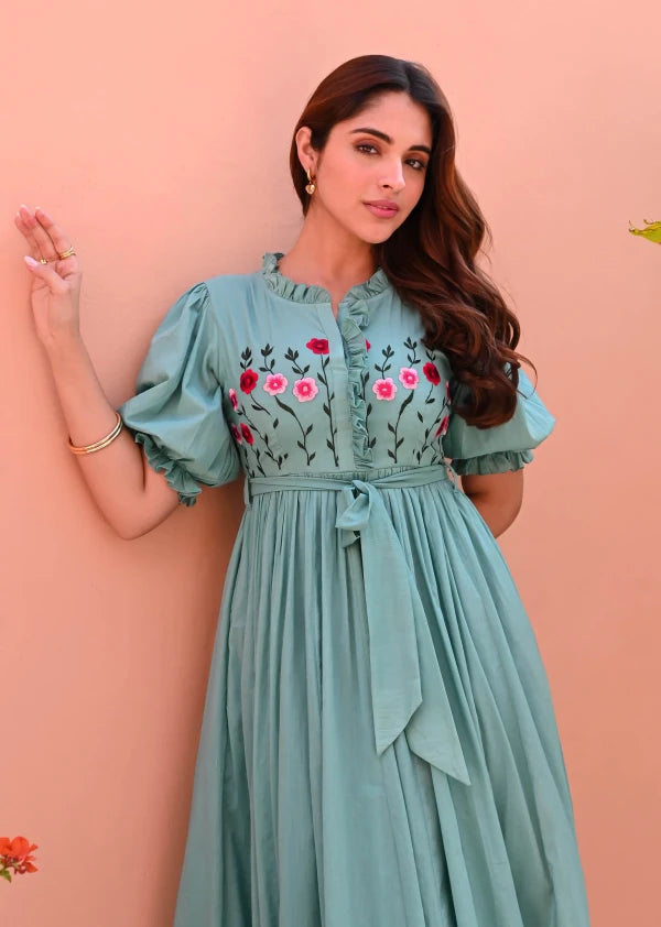 Boshon Mint Embroidered Cotton Dress