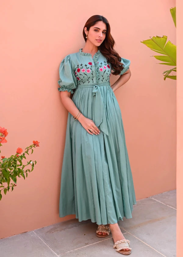 Boshon Mint Embroidered Cotton Dress