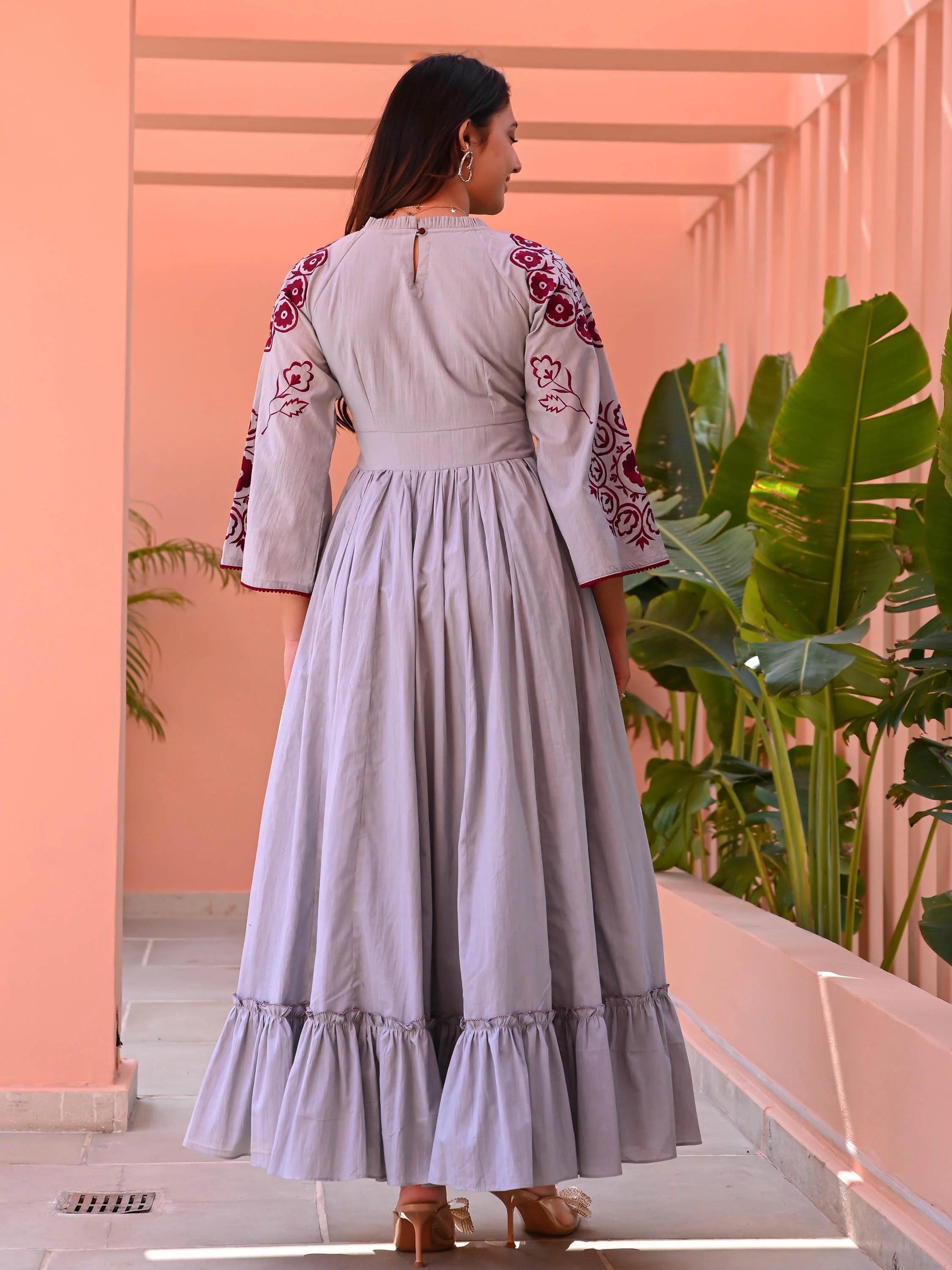 Boshon Grey Maroon Embroidered Cotton Dress