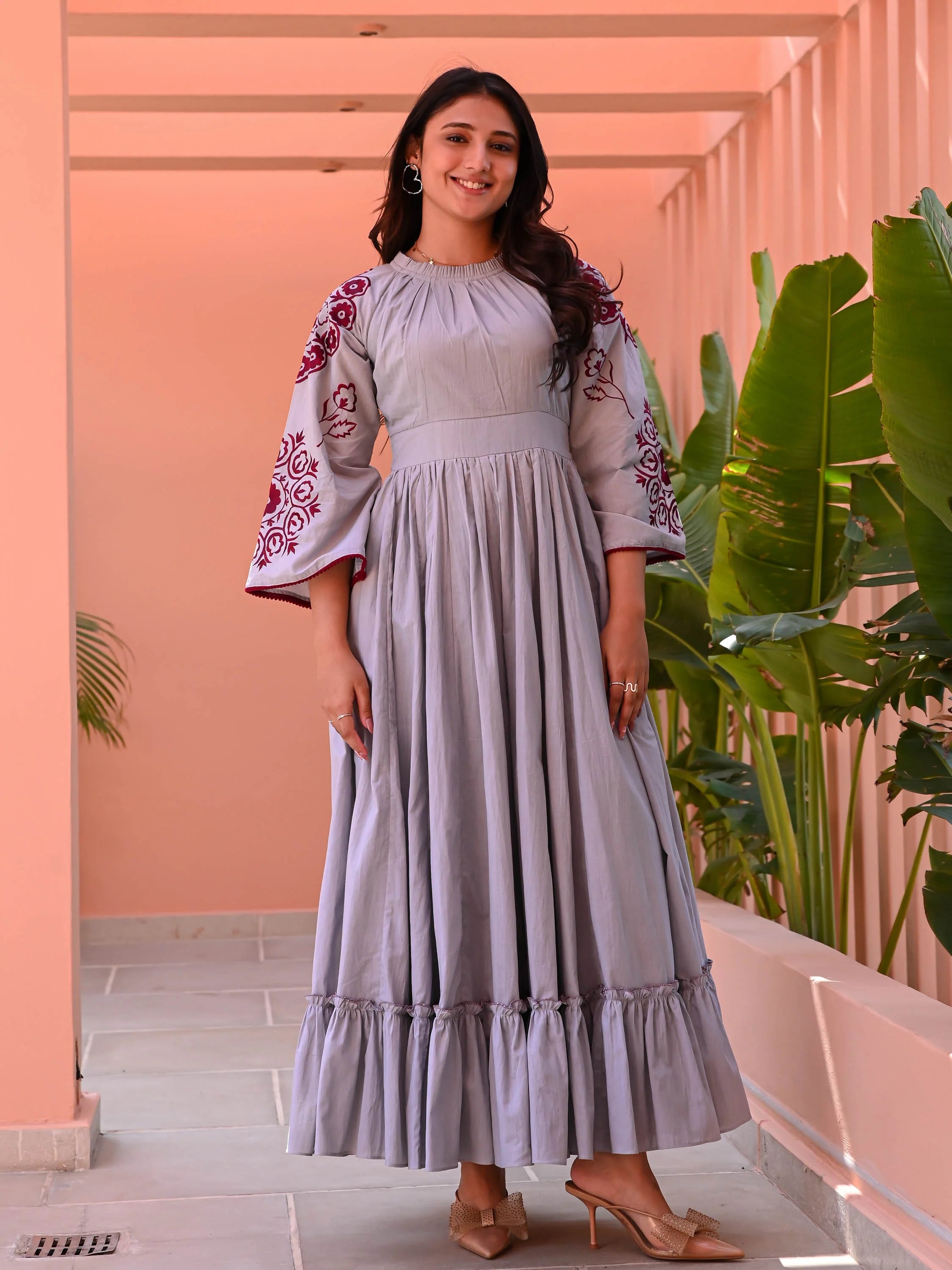Boshon Grey Maroon Embroidered Cotton Dress