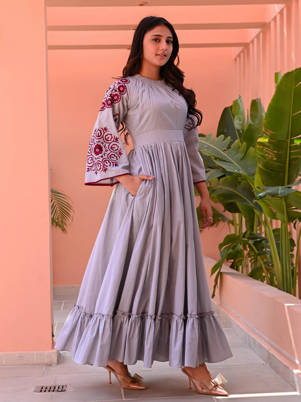 Boshon Grey Maroon Embroidered Cotton Dress