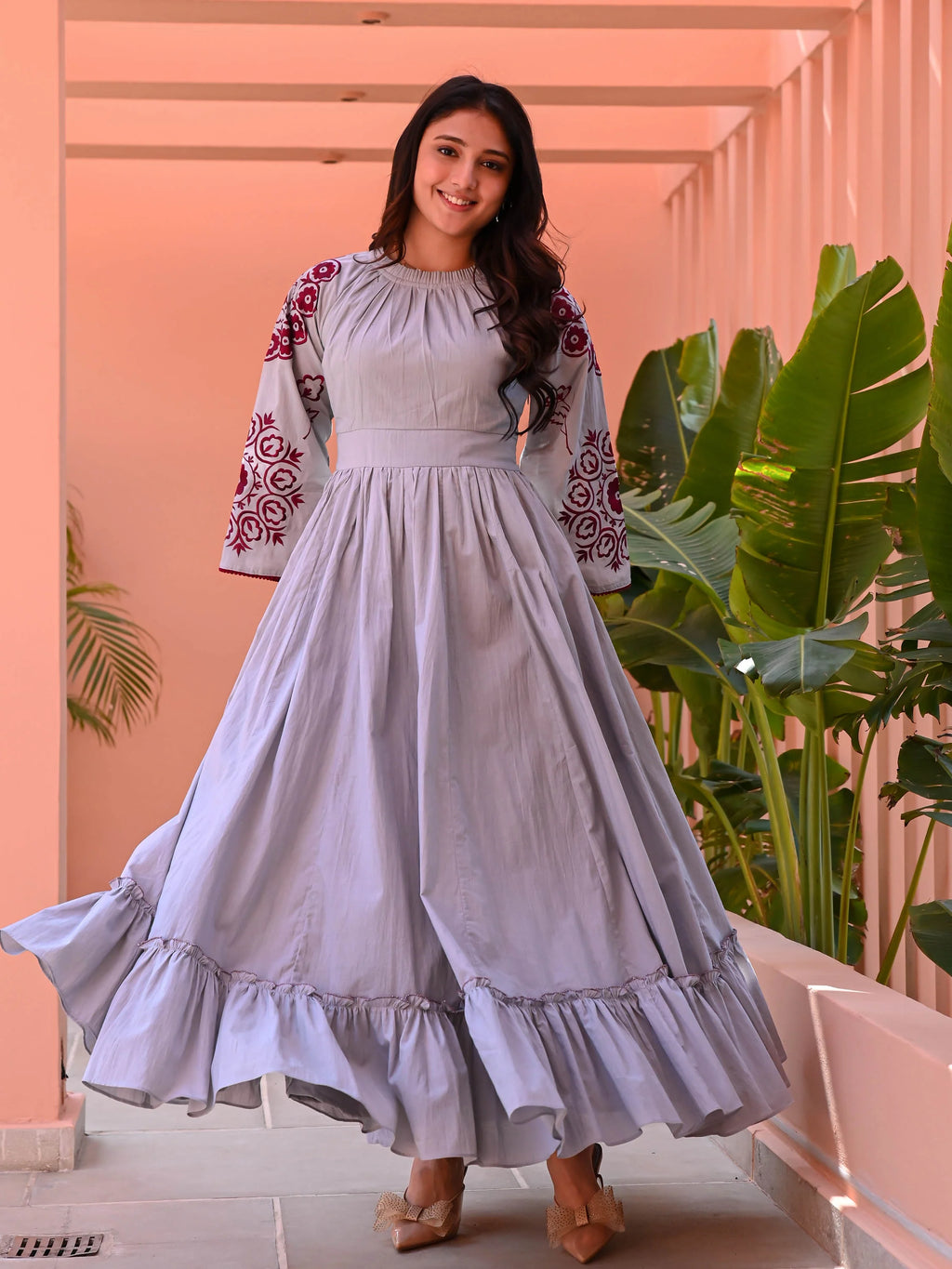 Boshon Grey Maroon Embroidered Cotton Dress