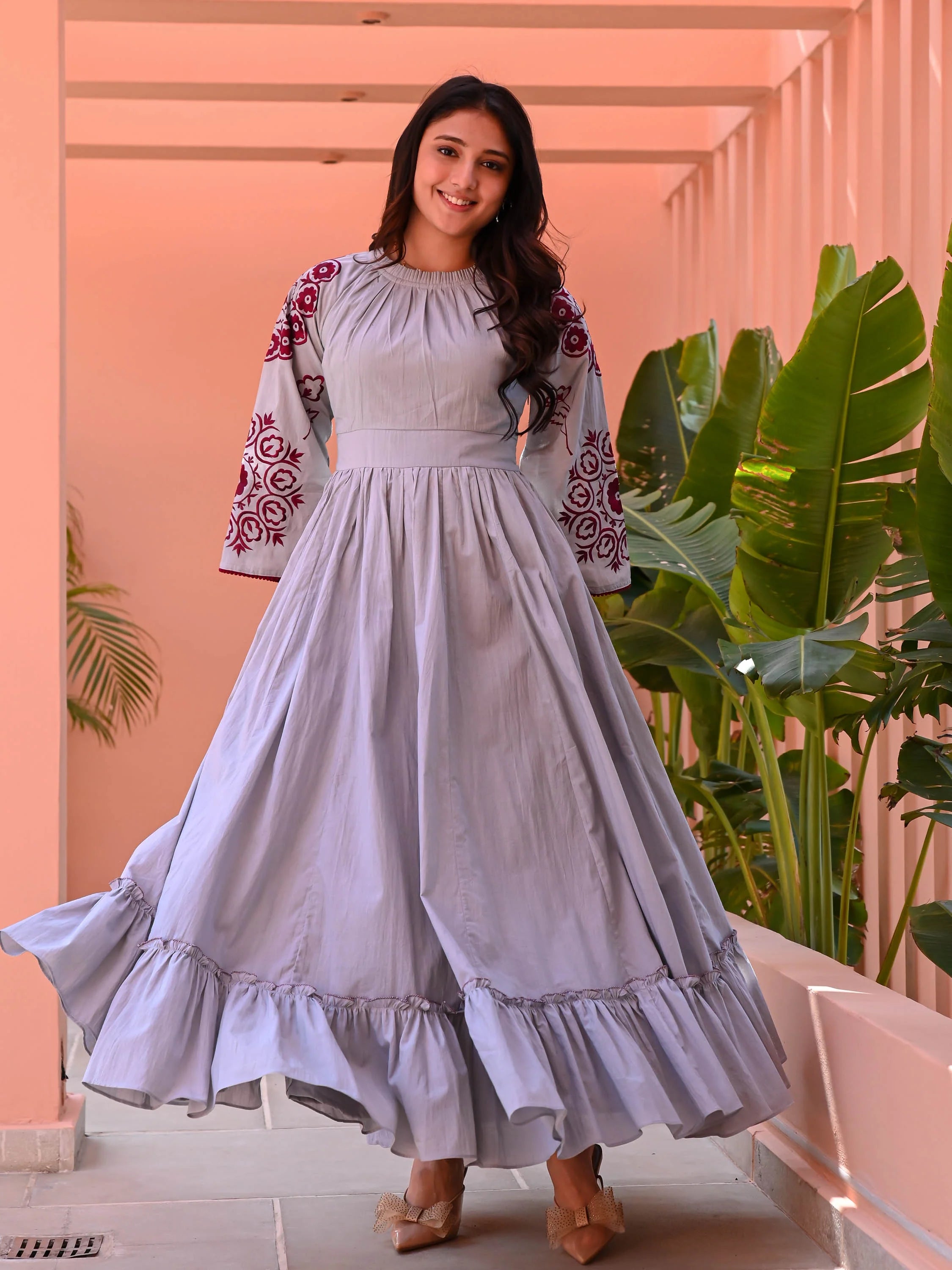 Boshon Grey Maroon Embroidered Cotton Dress