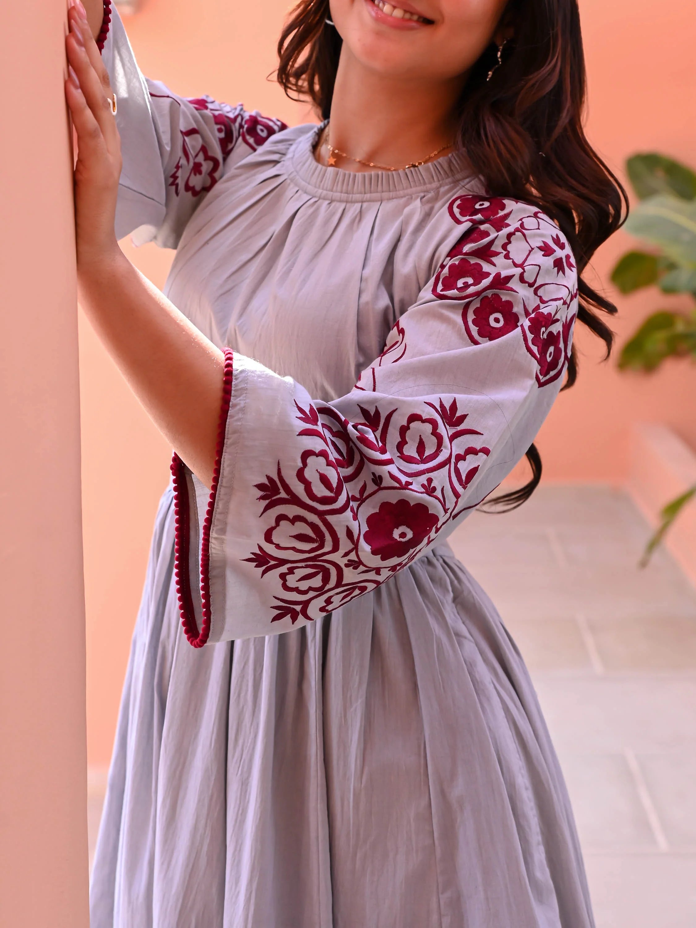 Boshon Grey Maroon Embroidered Cotton Dress