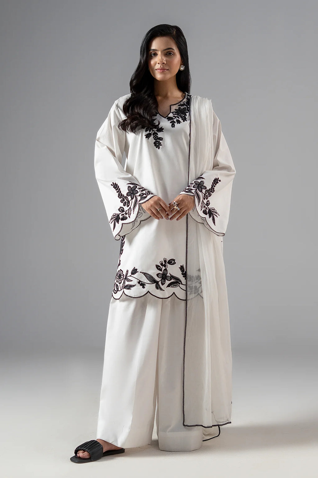 Boshon Premium 3-Piece Embroidered Cotton Dress – White