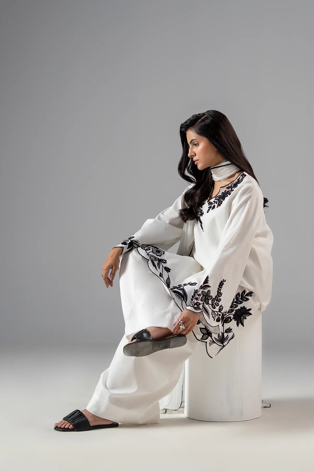 Boshon Premium 3-Piece Embroidered Cotton Dress – White