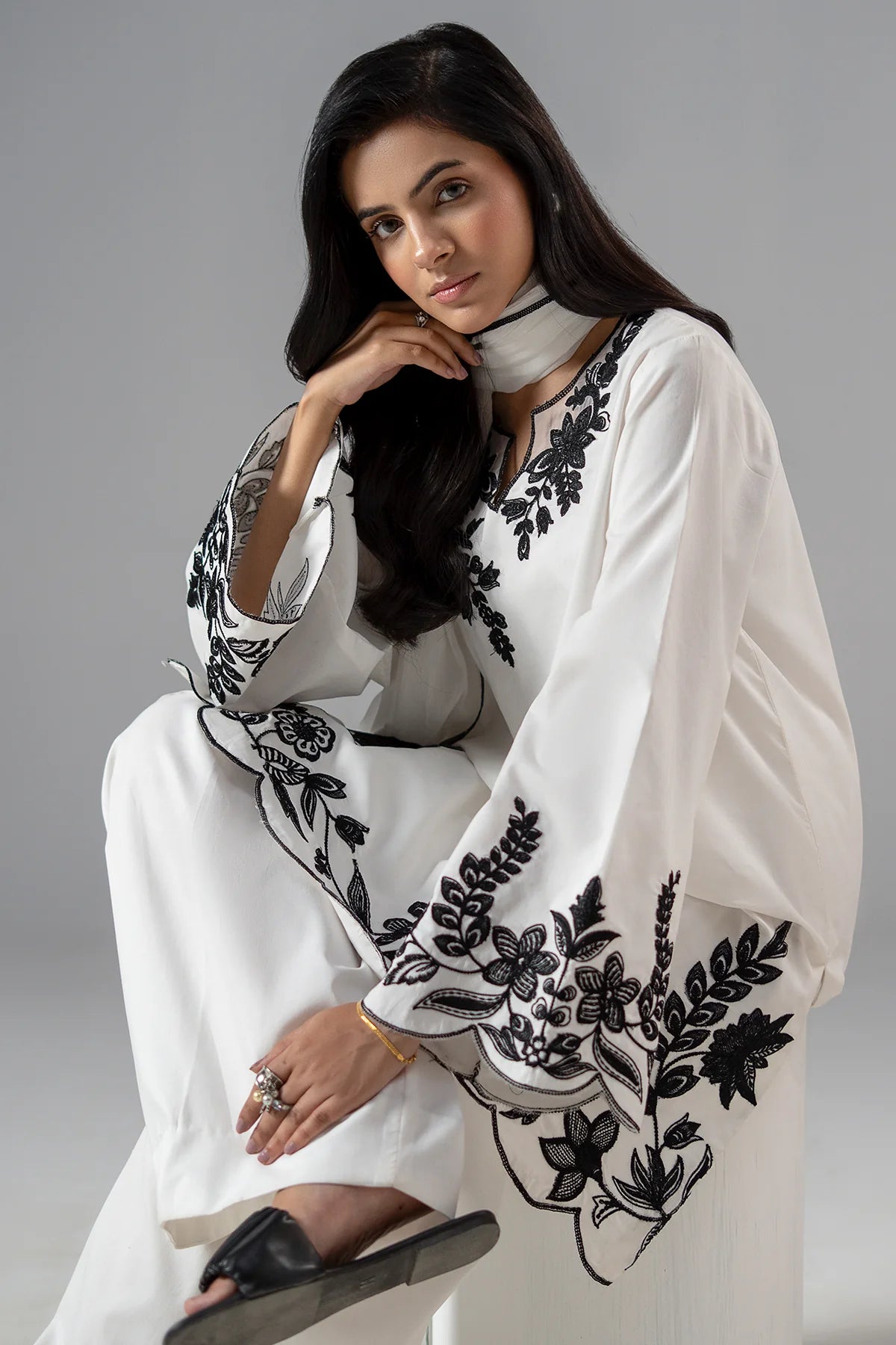Boshon Premium 3-Piece Embroidered Cotton Dress – White