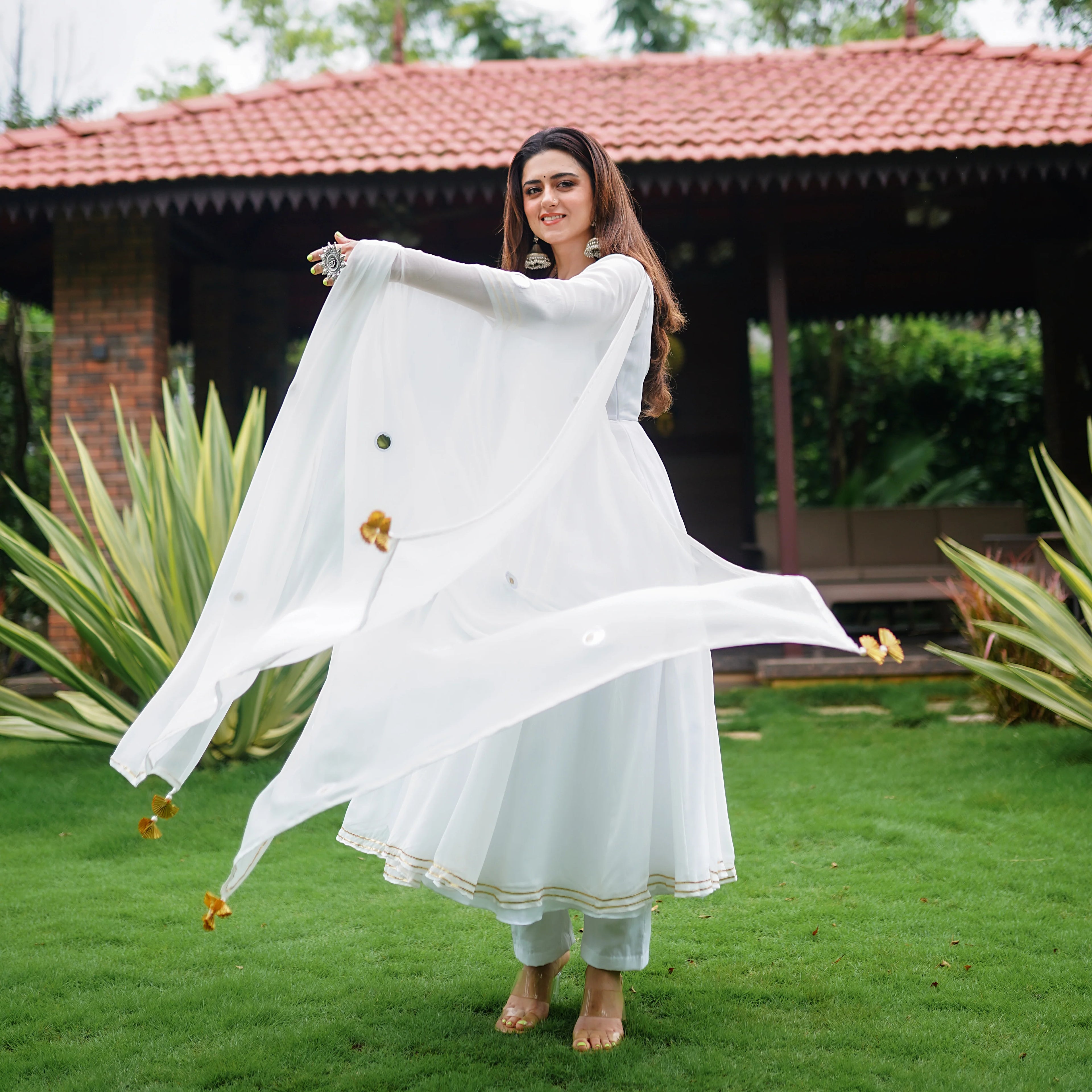 White Anarkali With Pant And Dupatta