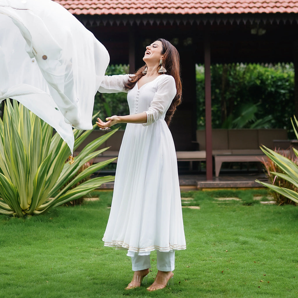 White Anarkali With Pant And Dupatta