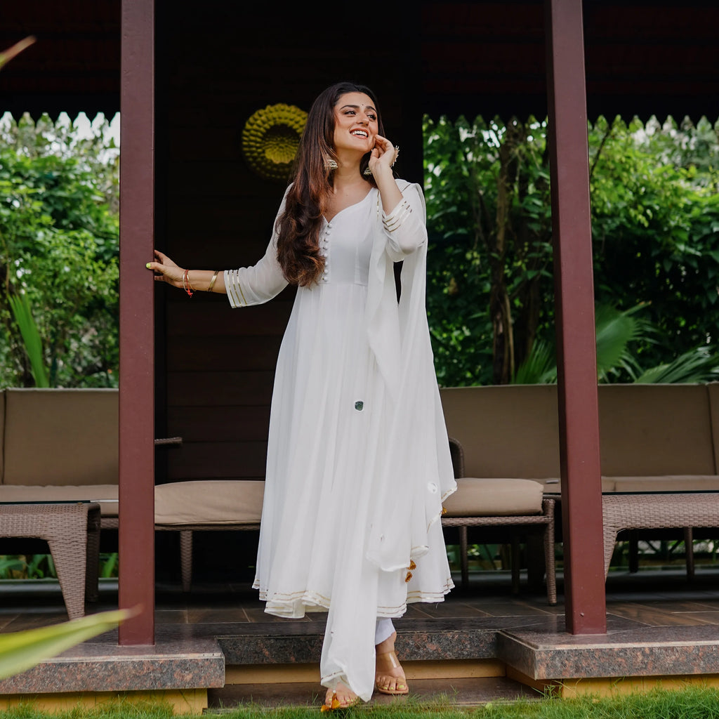 White Anarkali With Pant And Dupatta
