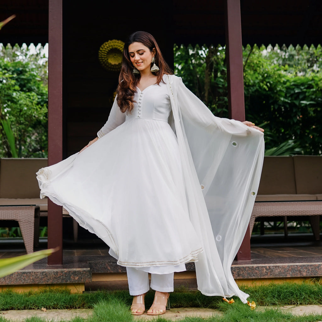 White Anarkali With Pant And Dupatta