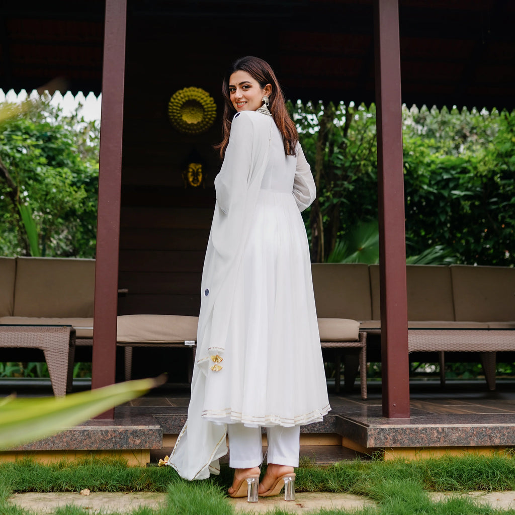 White Anarkali With Pant And Dupatta
