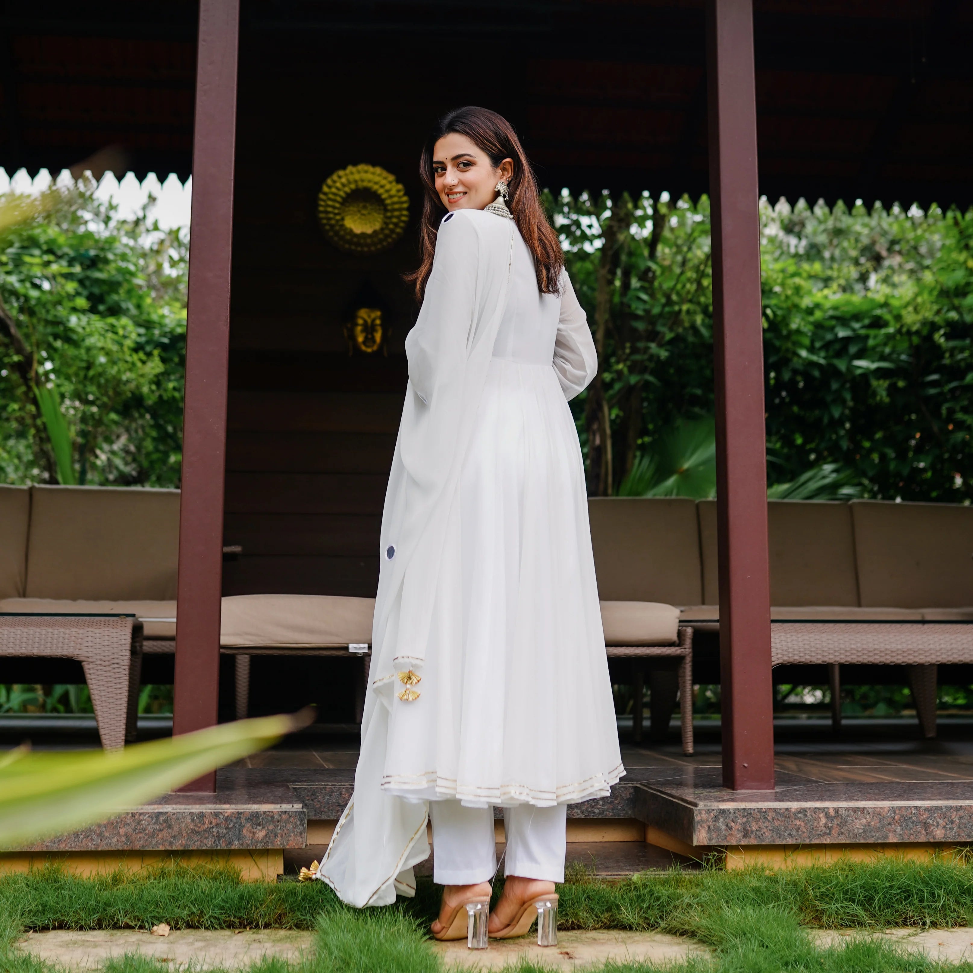 White Anarkali With Pant And Dupatta