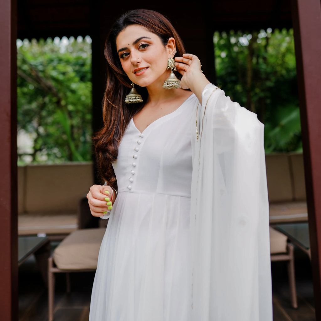 White Anarkali With Pant And Dupatta