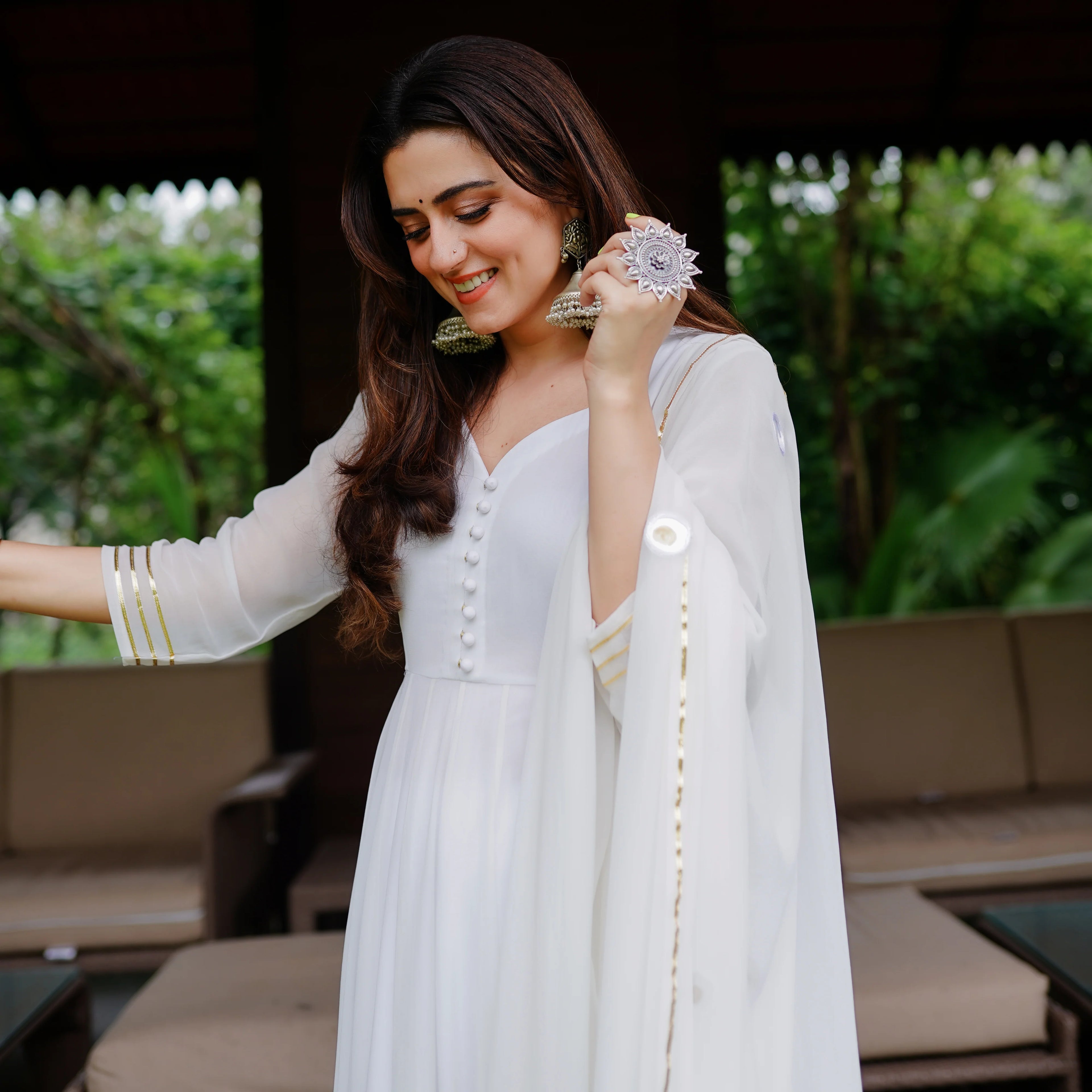 White Anarkali With Pant And Dupatta