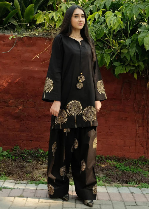 Black Block Print Kurta Set