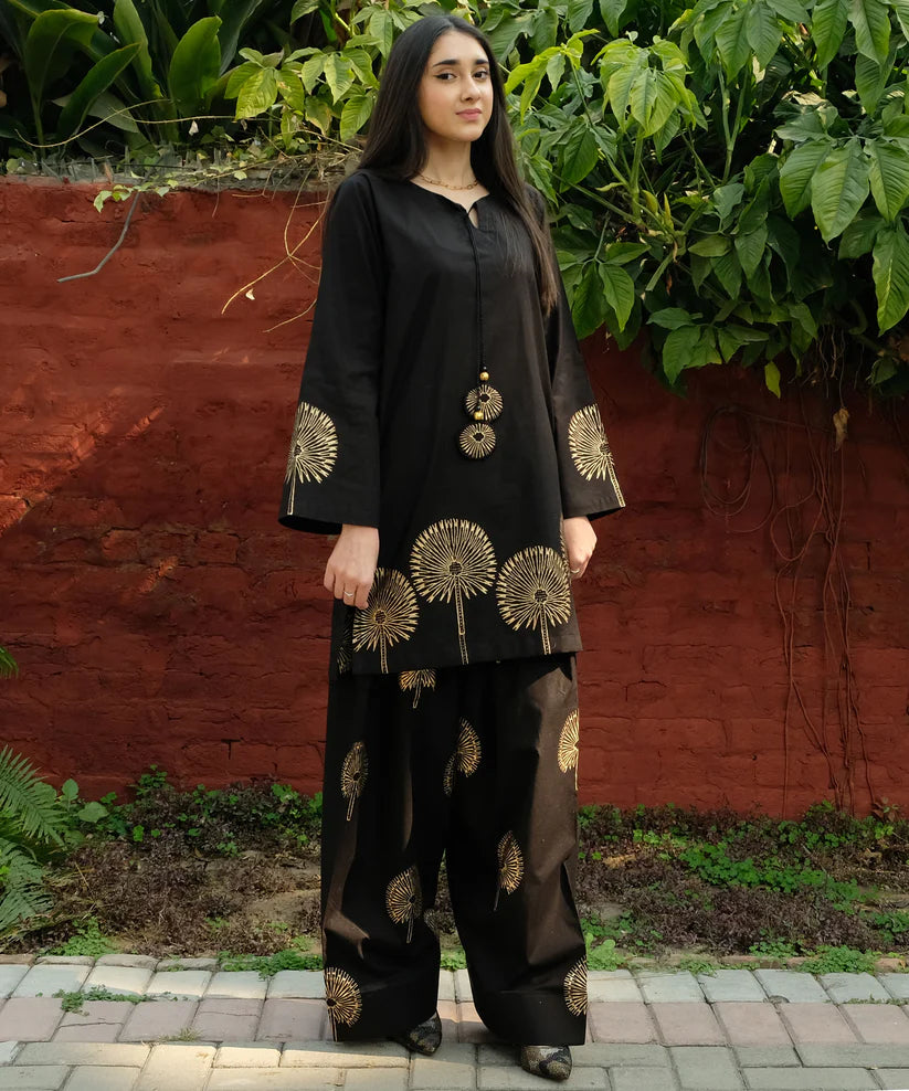 Black Block Print Kurta Set