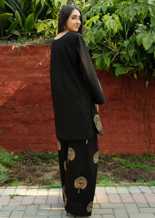 Black Block Print Kurta Set