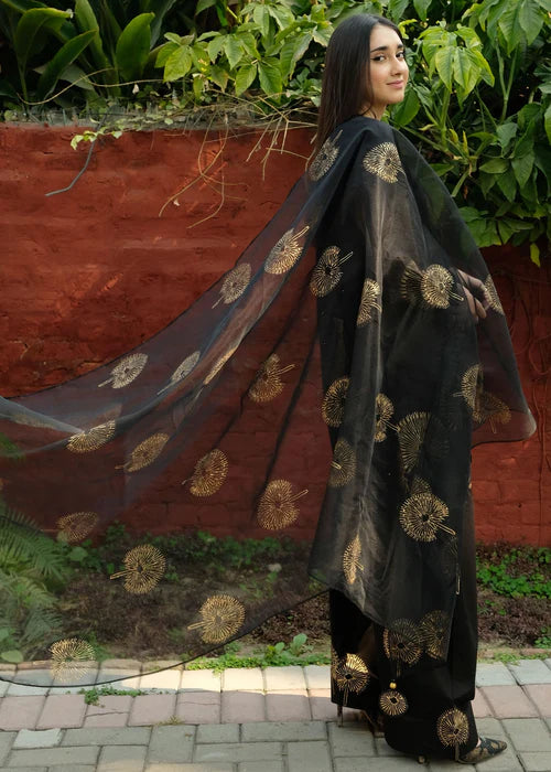 Black Block Print Kurta Set