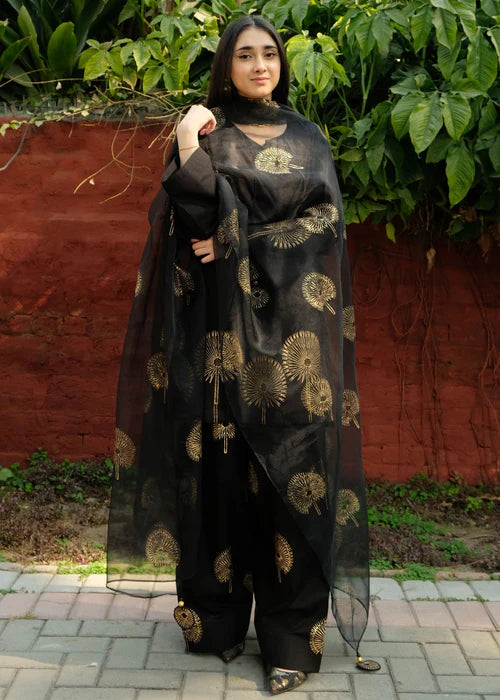 Black Block Print Kurta Set