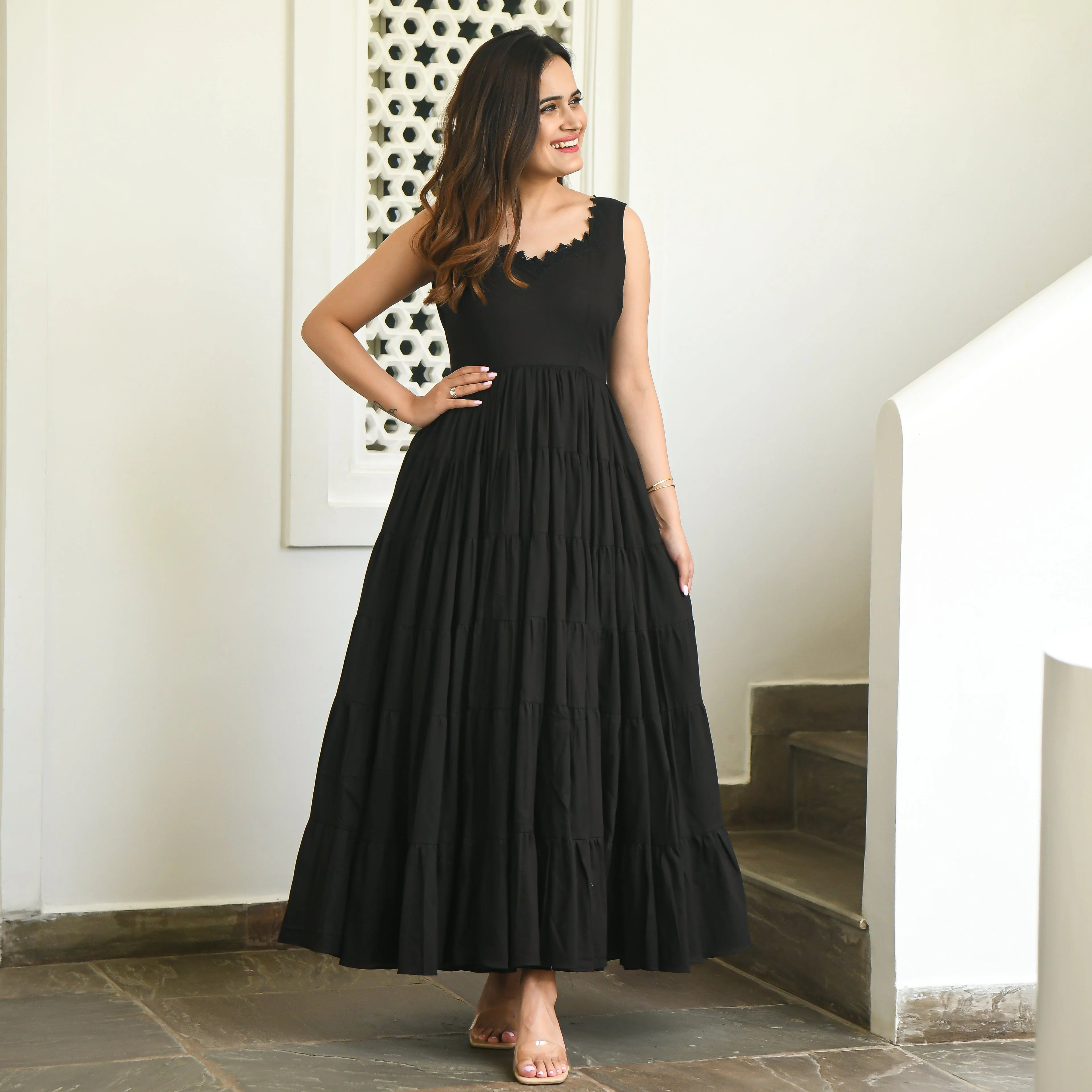 Boshon Black Tier Cotton Dress