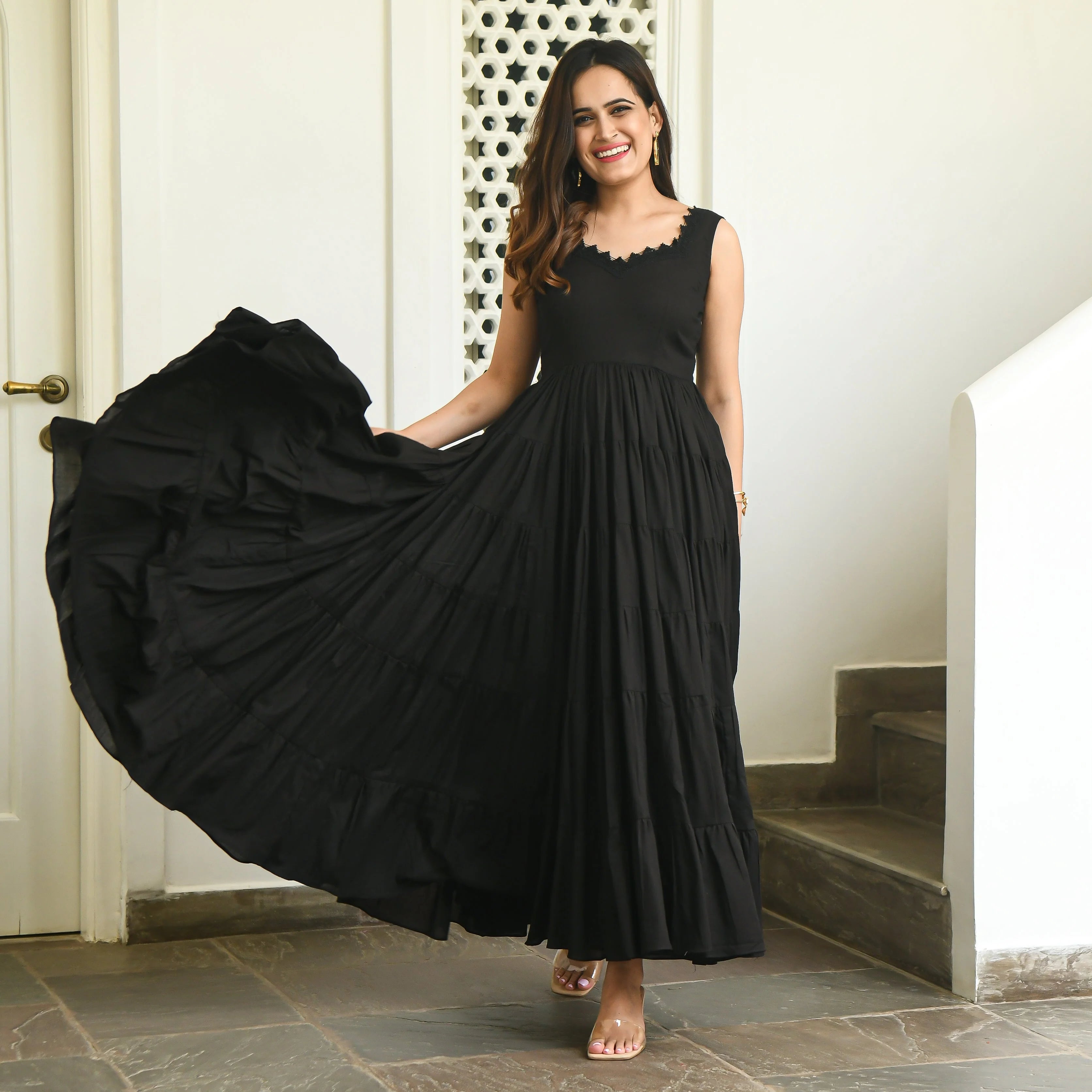Boshon Black Tier Cotton Dress