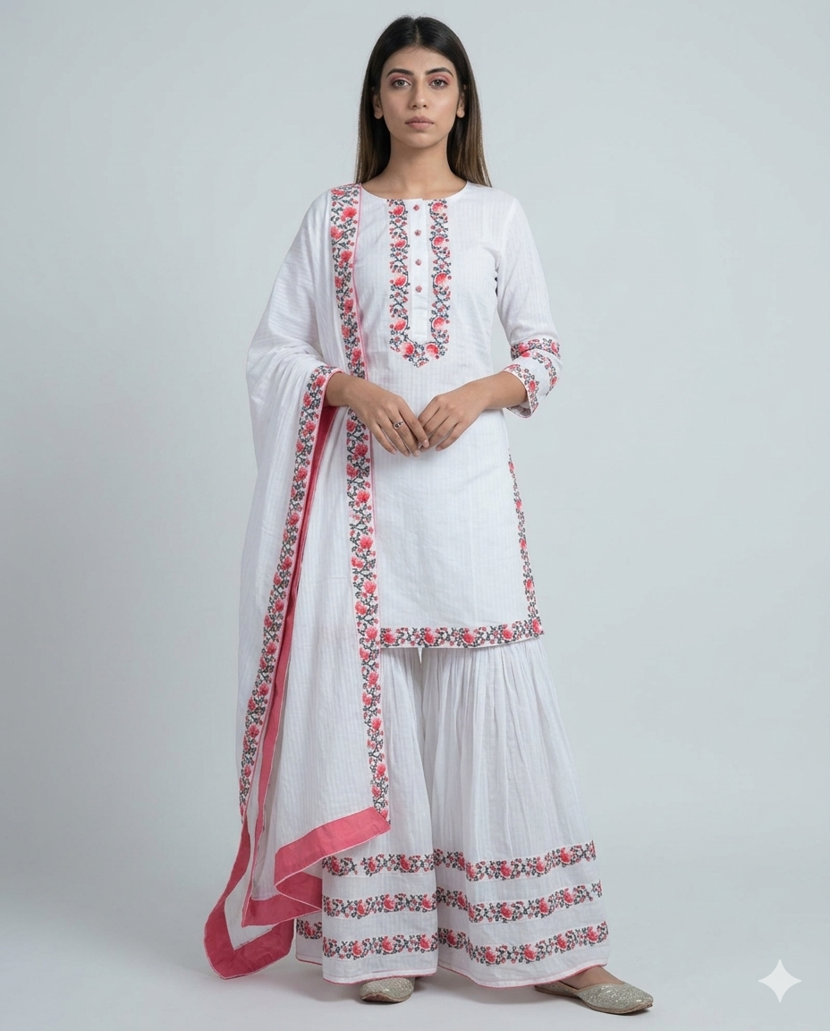 White Skin Printed Sharara Suit Set