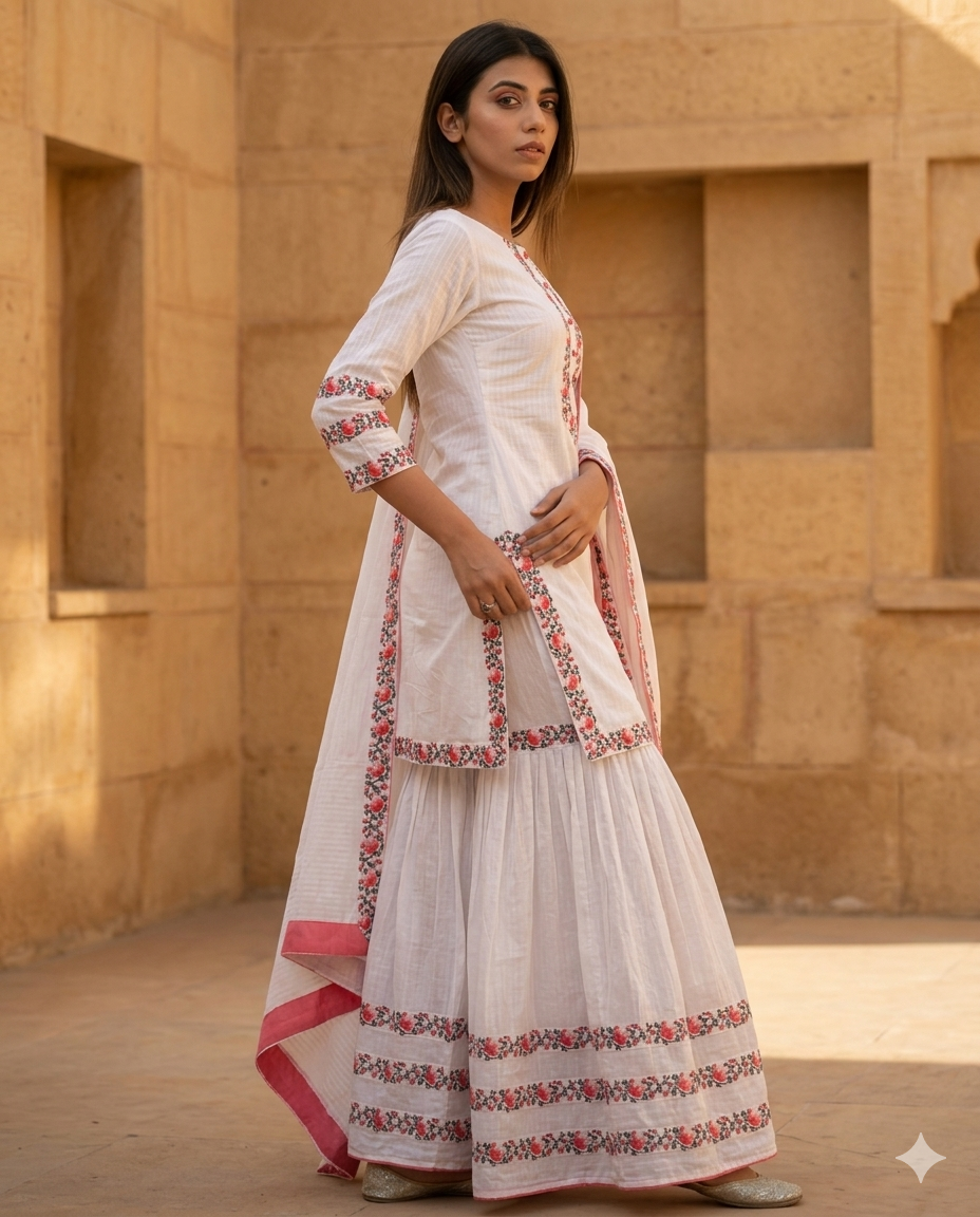 White Skin Printed Sharara Suit Set