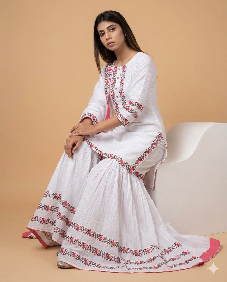 White Skin Printed Sharara Suit Set