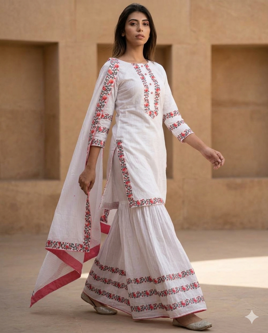 White Skin Printed Sharara Suit Set