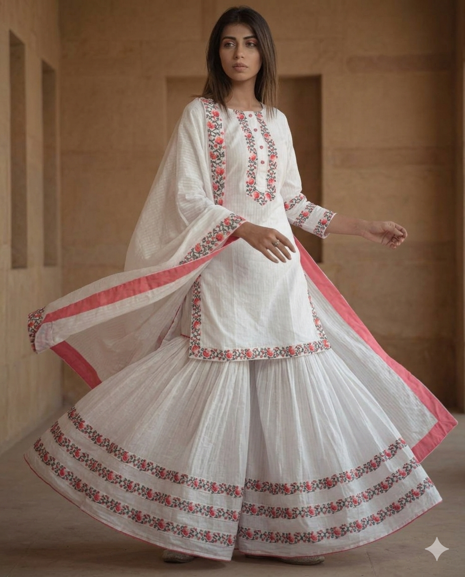 White Skin Printed Sharara Suit Set